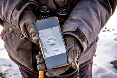 Spotter mit Foto von Schneeleoparden-Spur, Himachal Pradesh