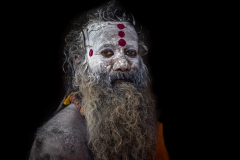 Porträt eines Naga Baba bei der Maha Kumbh Mela in Prayagraj 2025
