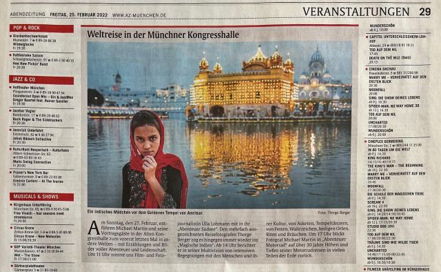 Showing my presentation „Magical India“ in Munich was a lot of fun! The newspaper #abendblattmuenchen announced the event and printed one of my photos from the #goldentempleamritsar 
Thanks a lot to @michael_martin_photographer for the invitation and thanks a lot to a wonderful audience!
#reisefotografie #reisereportage #reisereporter #multivision #livereportage #indien #indienreise #abenteuererde #india #indiapictures #indiaclicks #indiatravel #indiaphotography #indialove #india_undiscovered #indiaphotoproject