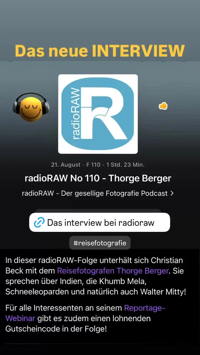 In dieser Folge von radioRAW spricht Moderator Christian mit dem Reisereportage-Fotografen Thorge Berger. Nach einer längeren Pause des Podcasts widmen sie sich diesmal ausführlich der Reisefotografie und Reportagefotografie. Themen sind unter anderem Indien, Ladakh und das Leben und Arbeiten auf großer Höhe (bis 5.370 Meter).  Im Gespräch geht es sowohl um fotografische Erfahrungen und Techniken als auch um persönliche Eindrücke, die Thorge auf seinen Reisen gesammelt hat. Gegen Ende stellt Thorge seine Workshops und Kurse vor, darunter eine Masterclass Reportagefotografie in Kooperation mit dem Fotoforum Verlag. Dabei wird auch eine Gutscheinaktion angekündigt.  Das komplette Interview gibt es hier zu hören:
https://www.radioraw.de/radioraw-no-110-thorge-berger/  #gbv_vortraege #reisefotografie #angelbirdcreatives #angelbirdmedia #mobjects #incredibleindia #reportagefotografie #masterclass #masterclassreportagefotografie #masterclassreportage #interview #fotoforum #radioraw